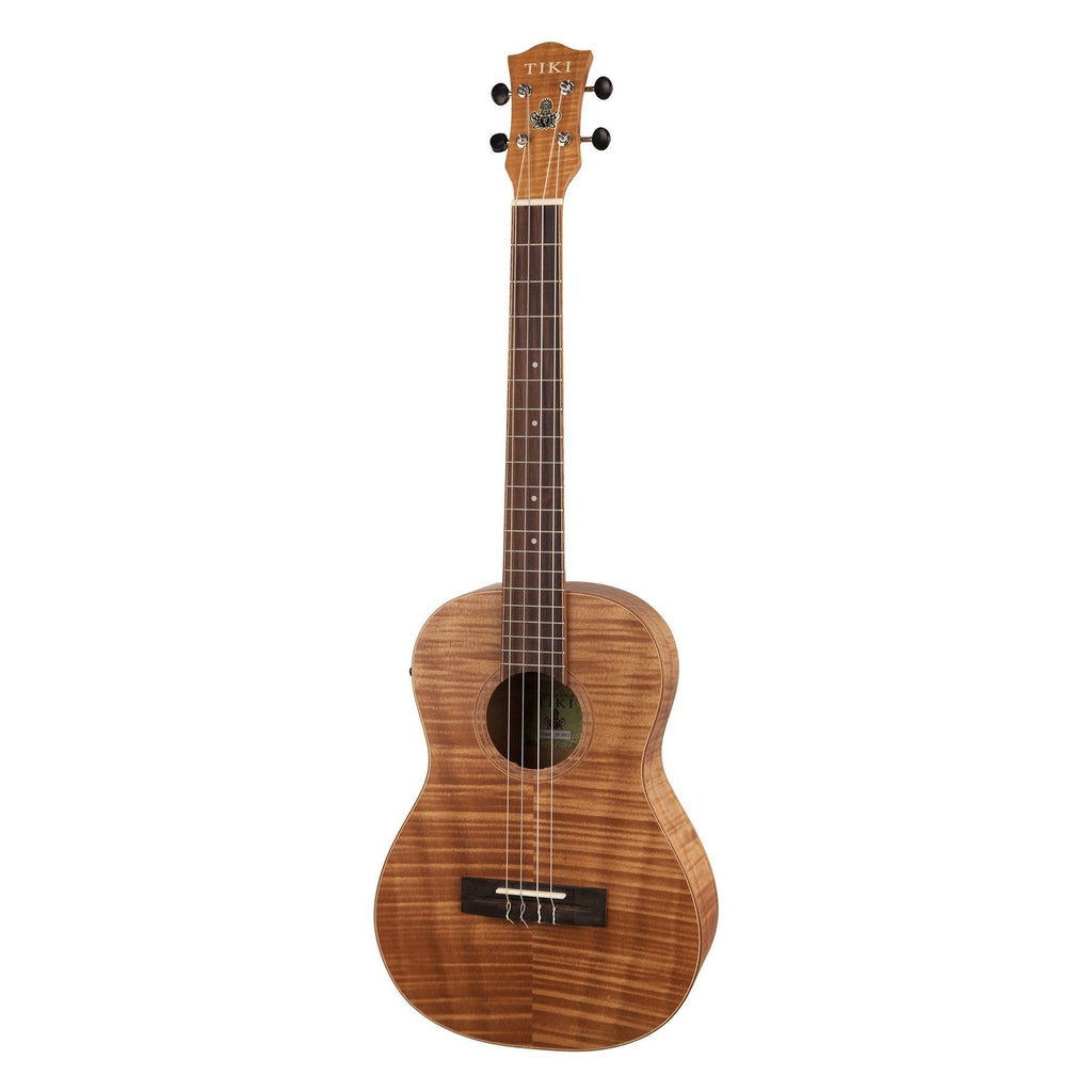 TFMB-2P-NST-Tiki '2 Series' Mahogany Flame Top Baritone Electric Ukulele with Gig Bag (Natural Satin)-Living Music