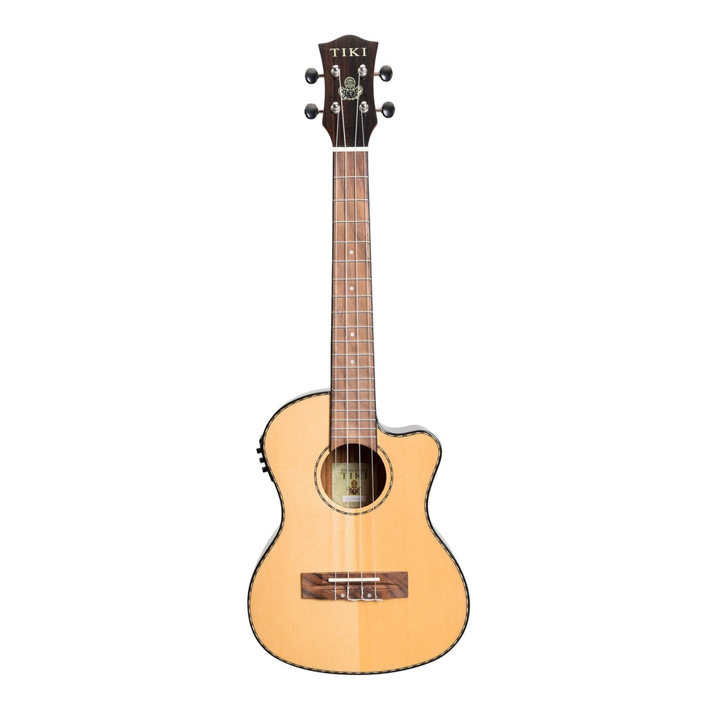 TST-22CP-NGL-Tiki '22 Series' Spruce Solid Top Electric Cutaway Tenor Ukulele with Hard Case (Natural Gloss)-Living Music