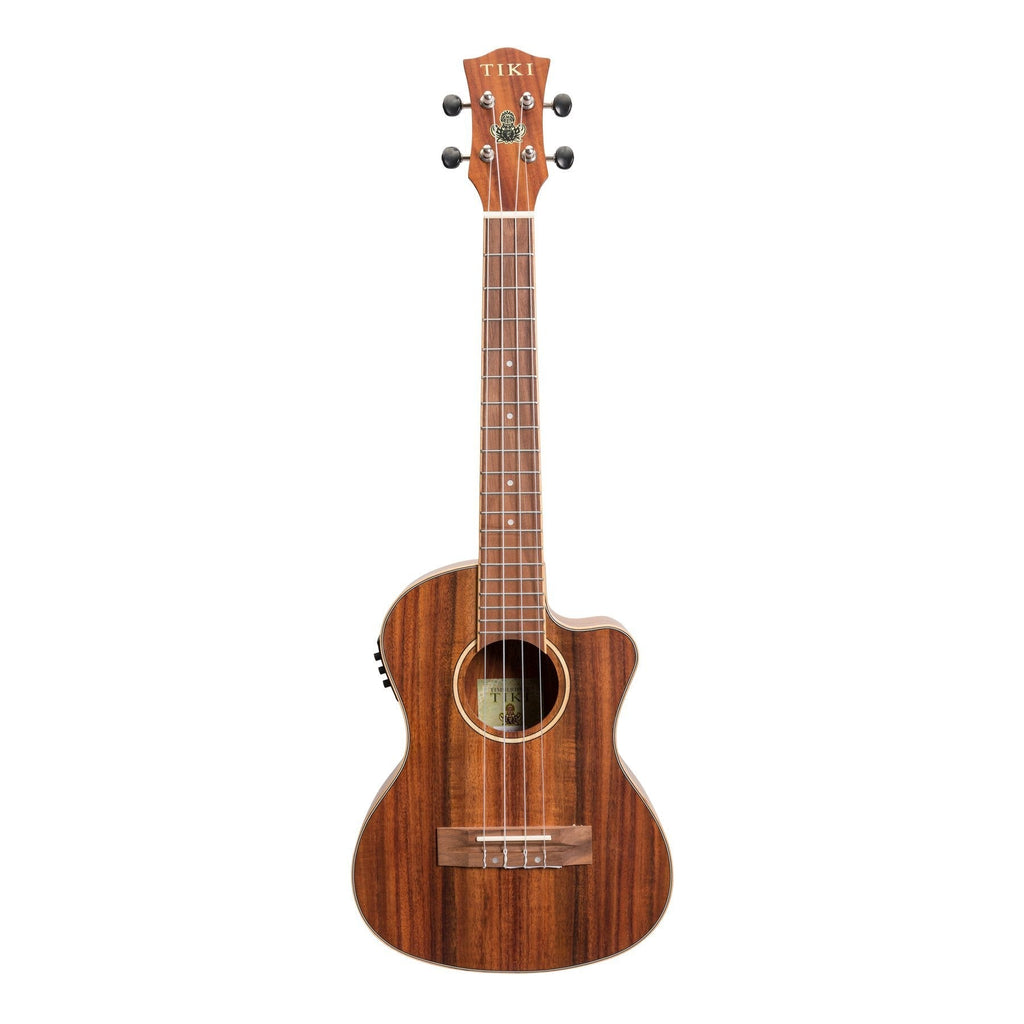 -Tiki '9 Series' Koa Solid Top Electric Cutaway Tenor Ukulele with Hard Case (Natural Satin)-Living Music