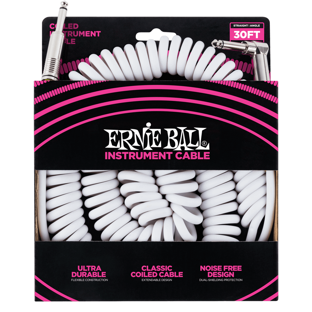 -Ernie Ball 'Ultraflex' Coiled Instrument Cable (10m White)-Living Music