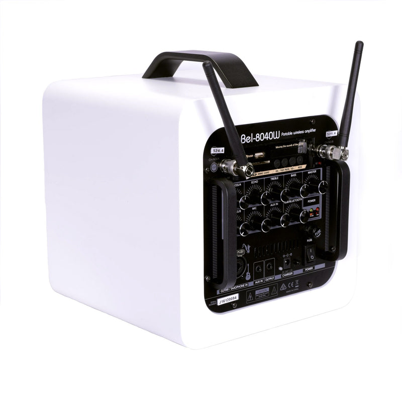 BEL-8040WMBP-WHT-Belcat Compact 40 Watt Two-Channel Rechargeable Wireless PA System (White)-Living Music