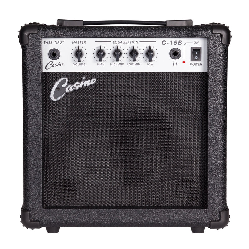 CP-SB1L-BLK-Casino '24 Series' Left Handed Short Scale Tune-Style Electric Bass Guitar and 15 Watt Amplifier Pack (Black)-Living Music