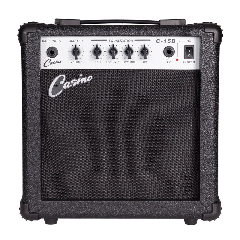 CP-TB1L-BLK-Casino '24 Series' Left Handed Tune-Style Electric Bass Guitar and 15 Watt Amplifier Pack (Black)-Living Music
