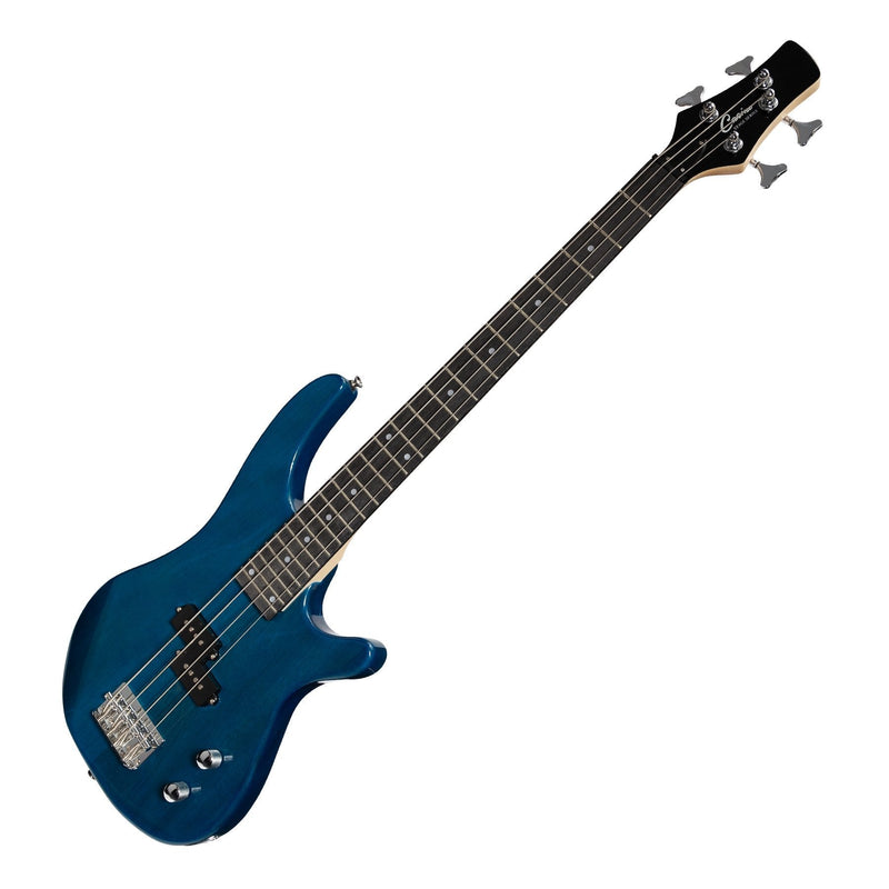 CP-SB1-TBL-Casino '24 Series' Short Scale Tune-Style Electric Bass Guitar and 15 Watt Amplifier Pack (Transparent Blue)-Living Music