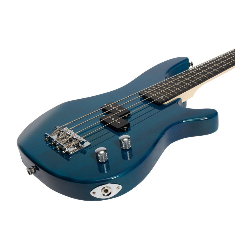 CP-SB1-TBL-Casino '24 Series' Short Scale Tune-Style Electric Bass Guitar and 15 Watt Amplifier Pack (Transparent Blue)-Living Music