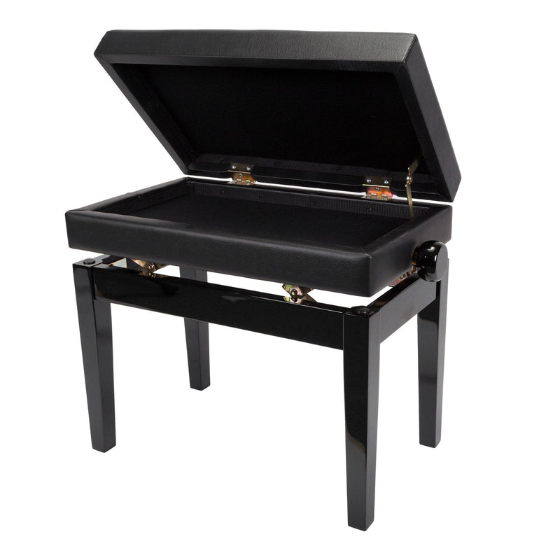 -Crown Deluxe Tufted Height Adjustable Piano Stool with Storage Compartment (Black)-Living Music