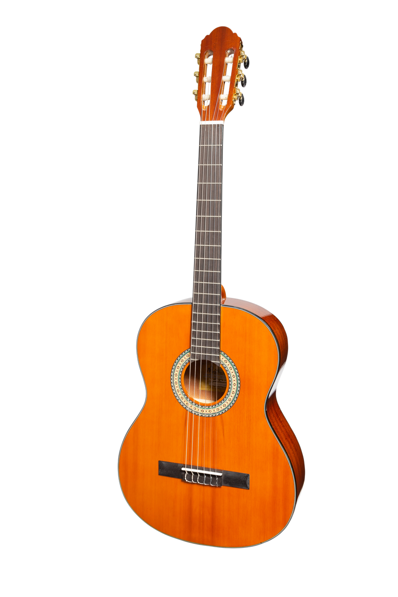 -Martinez 'Slim Jim' G-Series Full Size Student Classical Guitar Pack with Built In Tuner (Amber-Gloss)-Living Music