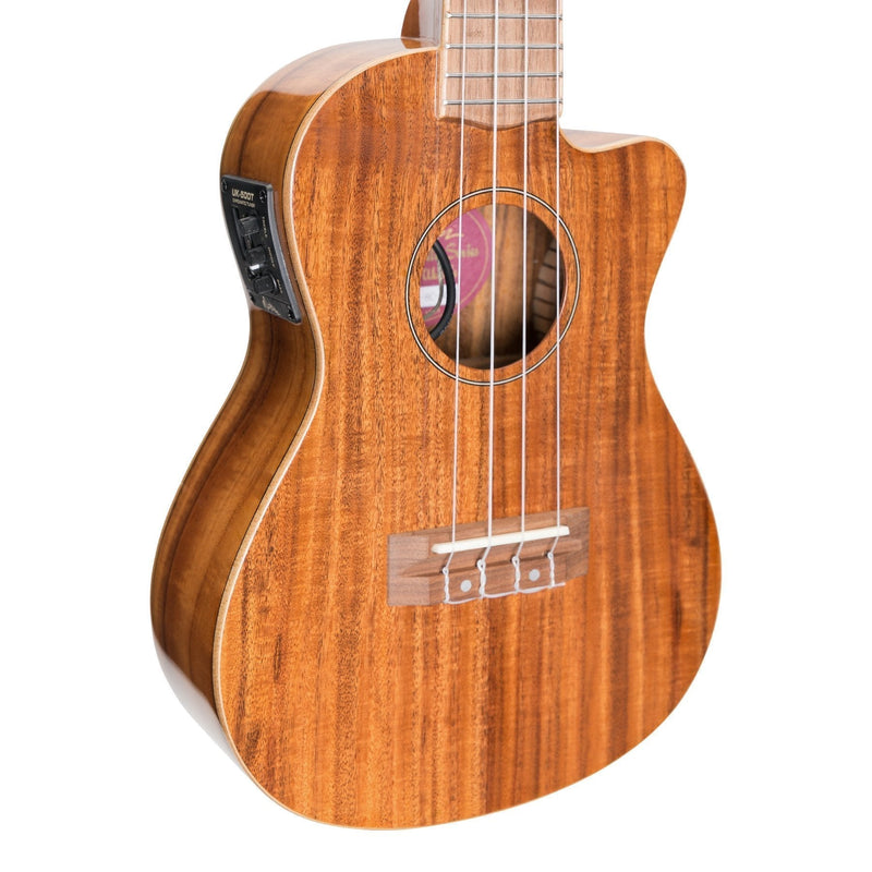 -Martinez 'Southern Belle 8 Series' Koa Solid Top Electric Cutaway Concert Ukulele with Hard Case (Natural Gloss)-Living Music