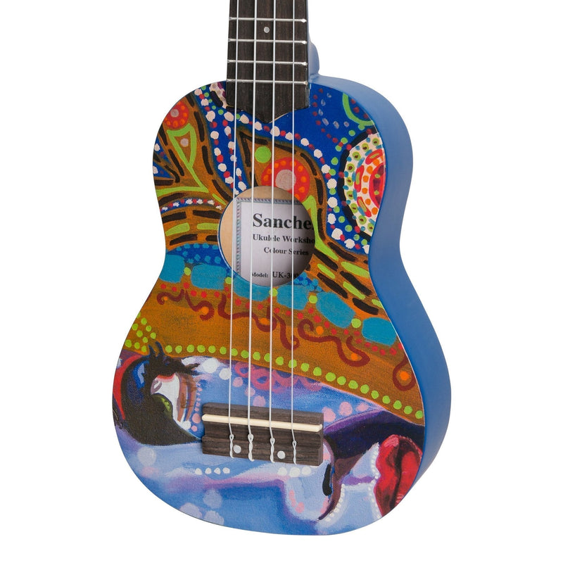 SU-F30-6-Sanchez 'Friendly Folk' Soprano Ukulele (Blue/Pattern)-Living Music