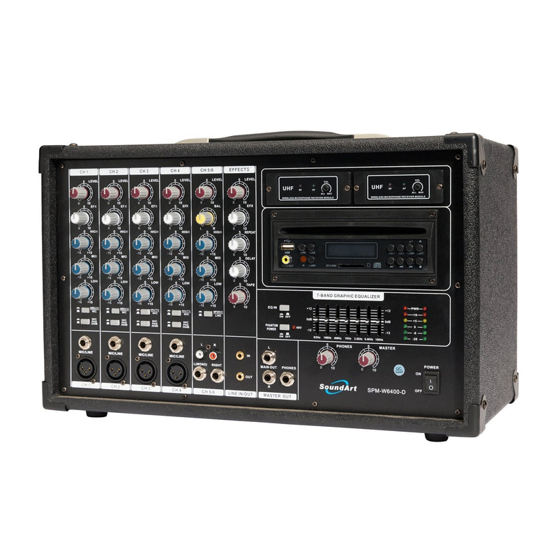 -SoundArt 6 Channel 400 Watt Dual Wireless Powered Mixer PA System with DVD Player-Living Music