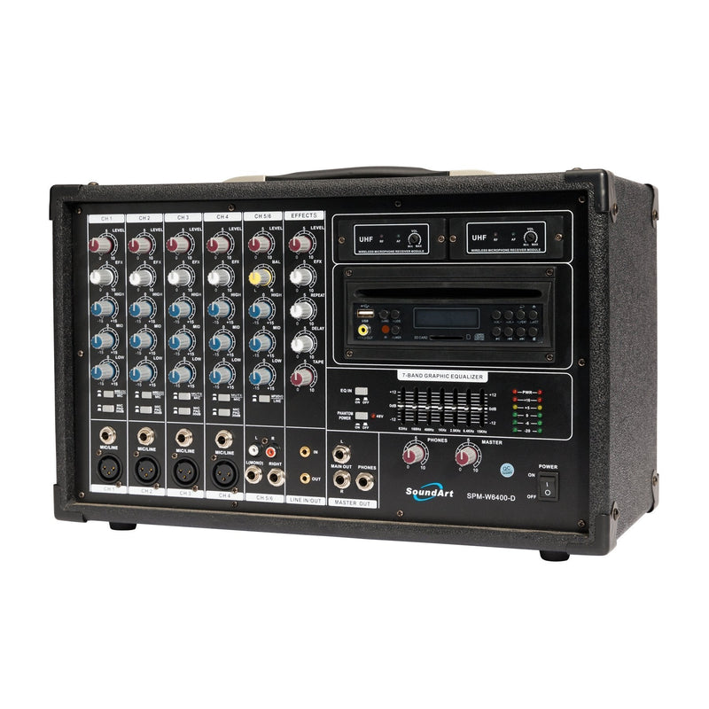 SPM-W6400D-SoundArt 6 Channel 400 Watt Dual Wireless Powered Mixer PA System with DVD Player-Living Music