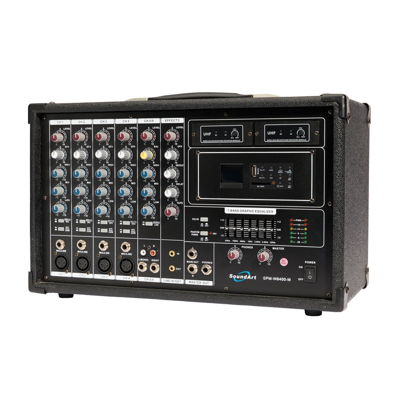 -SoundArt 6 Channel 400 Watt Dual Wireless Powered Mixer PA System with MP3 Player-Living Music
