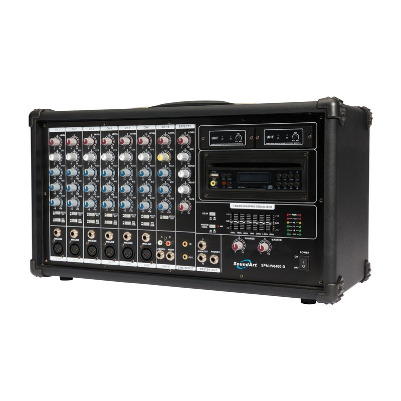 SPM-W8400D-SoundArt 8 Channel 400 Watt Dual Wireless Powered Mixer PA System with DVD Player-Living Music