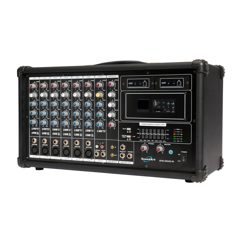 SPM-W8400M-SoundArt 8 Channel 400 Watt Dual Wireless Powered Mixer PA System with MP3 Player-Living Music