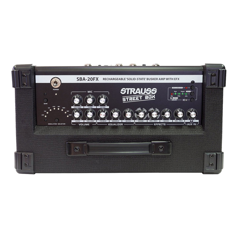 SBA-20FX-BLK-Strauss 'Streetbox' 20 Watt Solid State Rechargeable DC Amplifier (Black)-Living Music