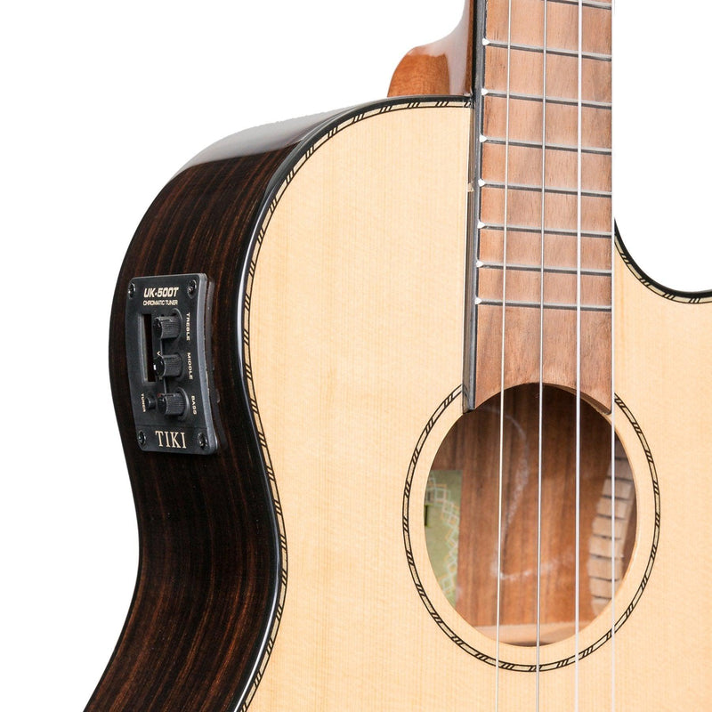 -Tiki '22 Series' Spruce Solid Top Electric Cutaway Baritone Ukulele with Hard Case (Natural Gloss)-Living Music