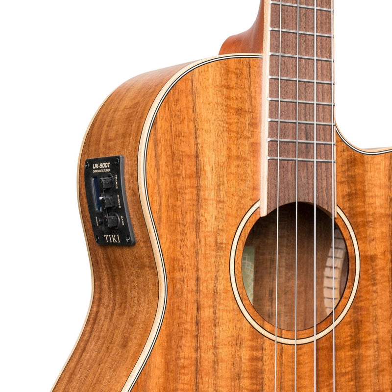 -Tiki '9 Series' Koa Solid Top Electric Cutaway Baritone Ukulele with Hard Case (Natural Satin)-Living Music