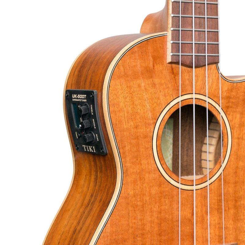 -Tiki '9 Series' Koa Solid Top Electric Cutaway Concert Ukulele with Hard Case (Natural Satin)-Living Music