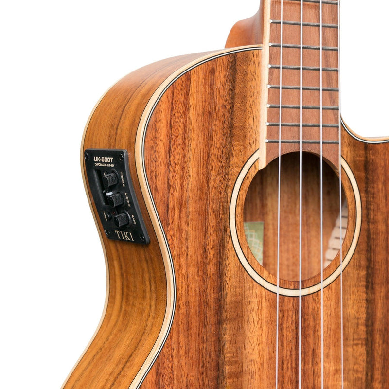 -Tiki '9 Series' Koa Solid Top Electric Cutaway Tenor Ukulele with Hard Case (Natural Satin)-Living Music