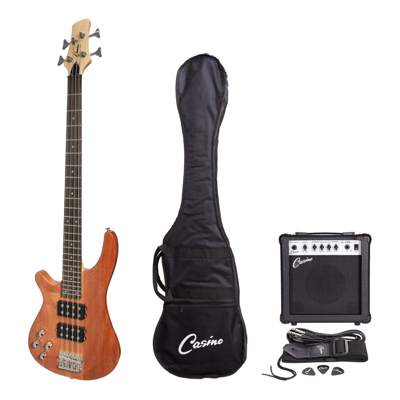 -Casino '24 Series' Left Handed Mahogany Tune-Style Electric Bass Guitar and 15 Watt Amplifier Pack (Natural Gloss)-Living Music