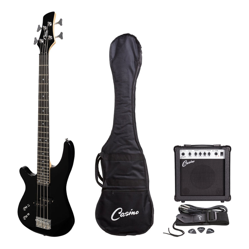 CP-SB1L-BLK-Casino '24 Series' Left Handed Short Scale Tune-Style Electric Bass Guitar and 15 Watt Amplifier Pack (Black)-Living Music