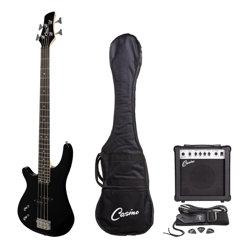 CP-TB1L-BLK-Casino '24 Series' Left Handed Tune-Style Electric Bass Guitar and 15 Watt Amplifier Pack (Black)-Living Music