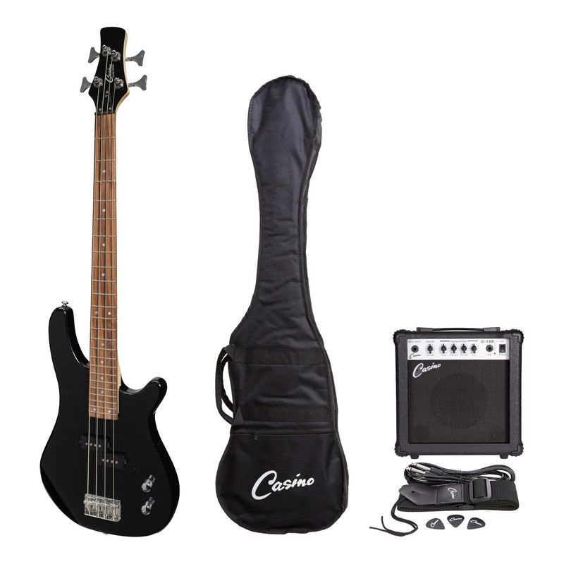CP-SB1-BLK-Casino '24 Series' Short Scale Tune-Style Electric Bass Guitar and 15 Watt Amplifier Pack (Black)-Living Music