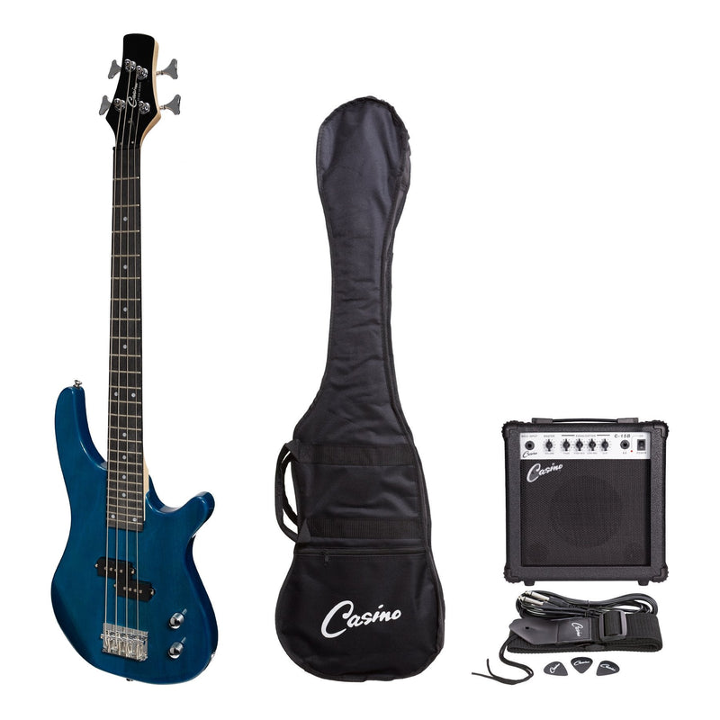 -Casino '24 Series' Short Scale Tune-Style Electric Bass Guitar and 15 Watt Amplifier Pack (Transparent Blue)-Living Music