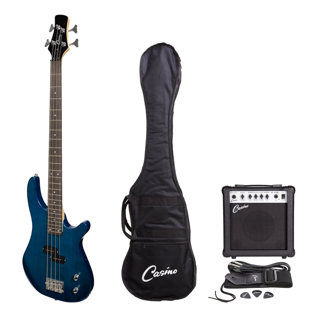 CP-TB1-TBL-Casino '24 Series' Tune-Style Electric Bass Guitar and 15 Watt Amplifier Pack (Transparent Blue)-Living Music