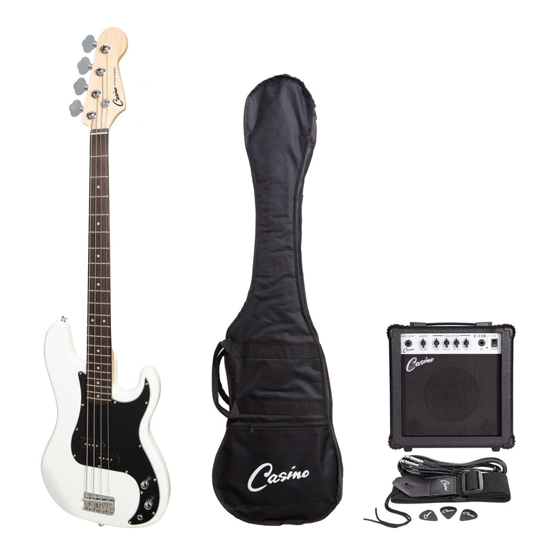 CP-PB21-WHT-Casino P-Style Electric Bass Guitar and 15 Watt Amplifier Pack (White)-Living Music