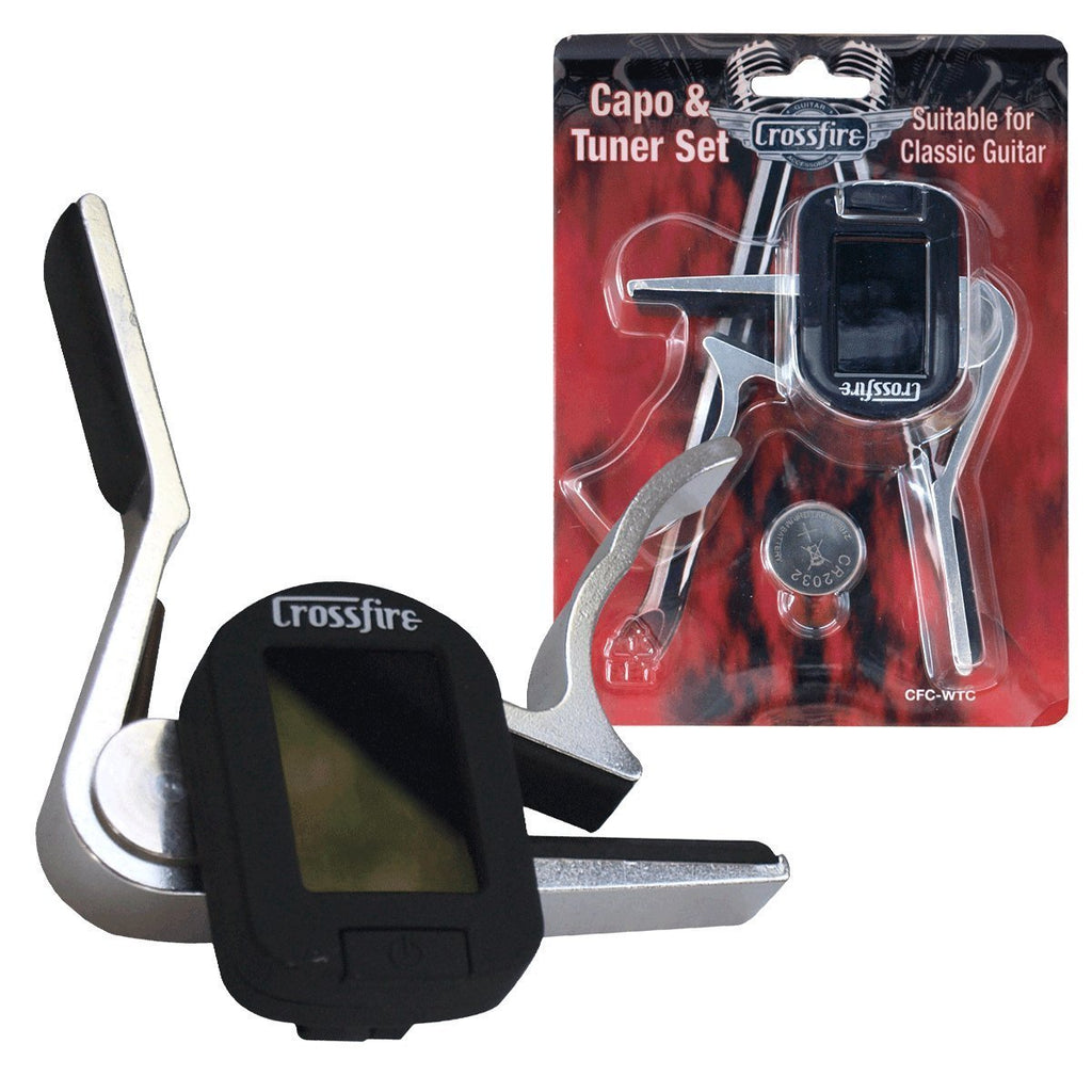 CFC-WTC-Crossfire Trigger-Style Classical Guitar Capo with Chromatic Tuner (Nickel)-Living Music
