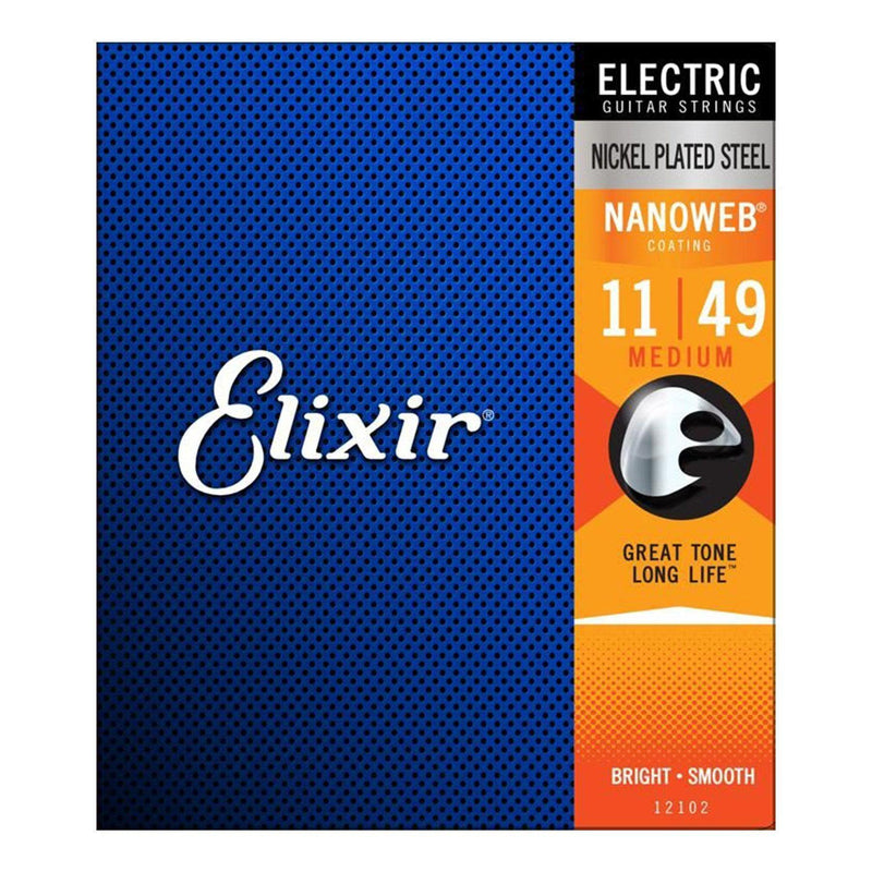 E12102-Elixir 12102 Medium Nickel Plated Nanoweb Electric Guitar Strings (11-49)-Living Music