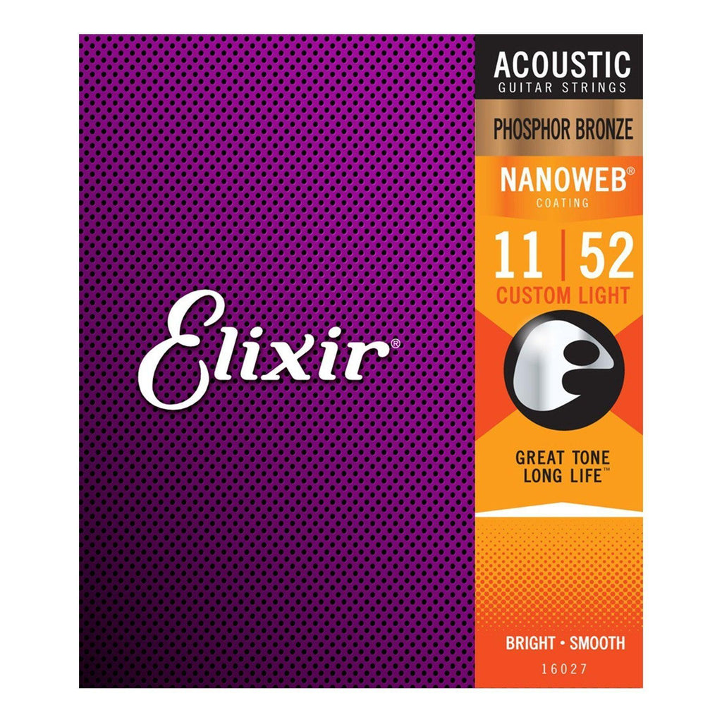 E16027-Elixir 16027 Custom Light Phosphor Bronze Nanoweb Acoustic Guitar Strings (11-52)-Living Music