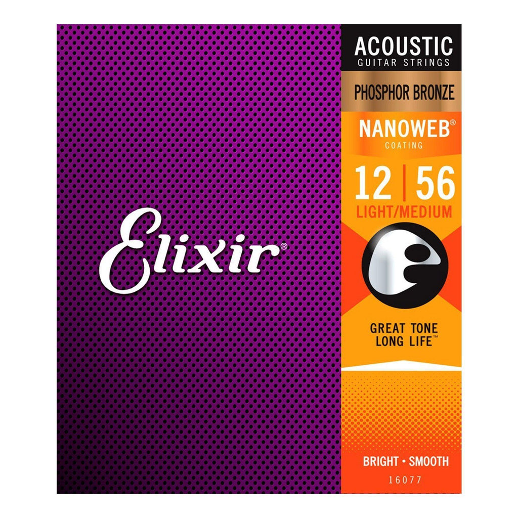 E16077-Elixir 16077 Light/Medium Phosphor Bronze Nanoweb Acoustic Guitar Strings (12-56)-Living Music