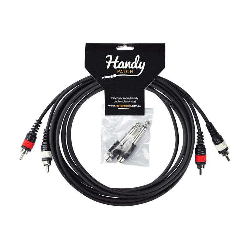 H-2MR-2MR3+A-Handy Patch Male Stereo RCA to Male Stereo RCA Cable with Dual Male 1/4" Mono Adaptors (3m)-Living Music