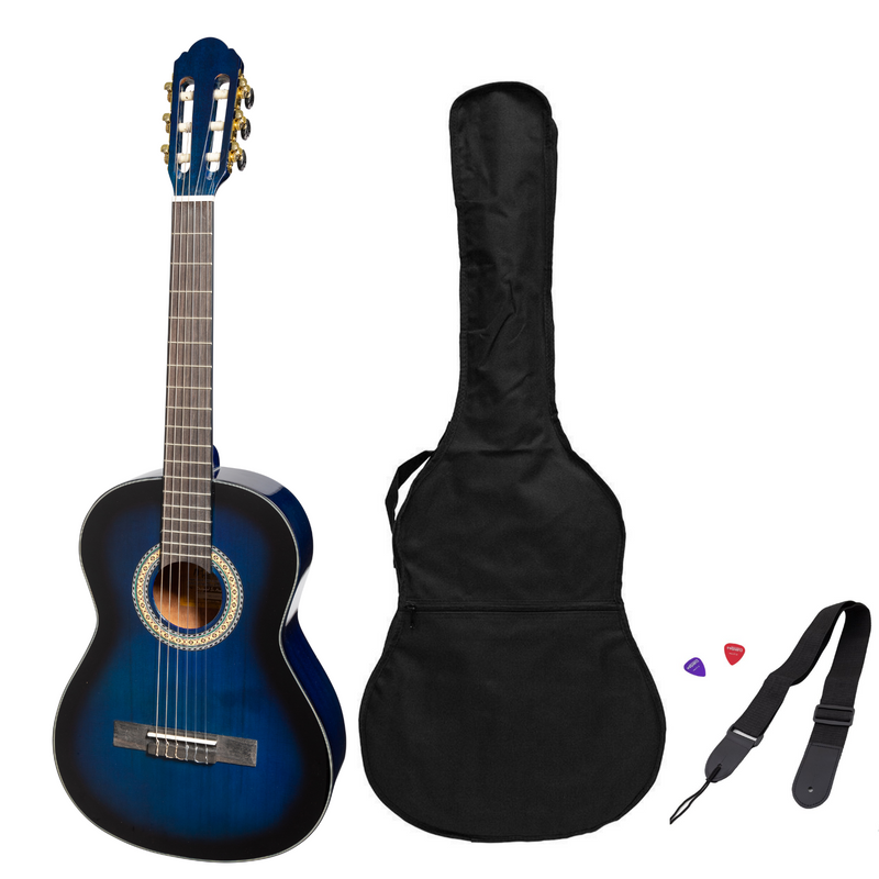 MP-SJ34GT-BLS-Martinez 'Slim Jim' G-Series 3/4 Size Student Classical Guitar Pack with Built In Tuner (Blue-Gloss)-Living Music