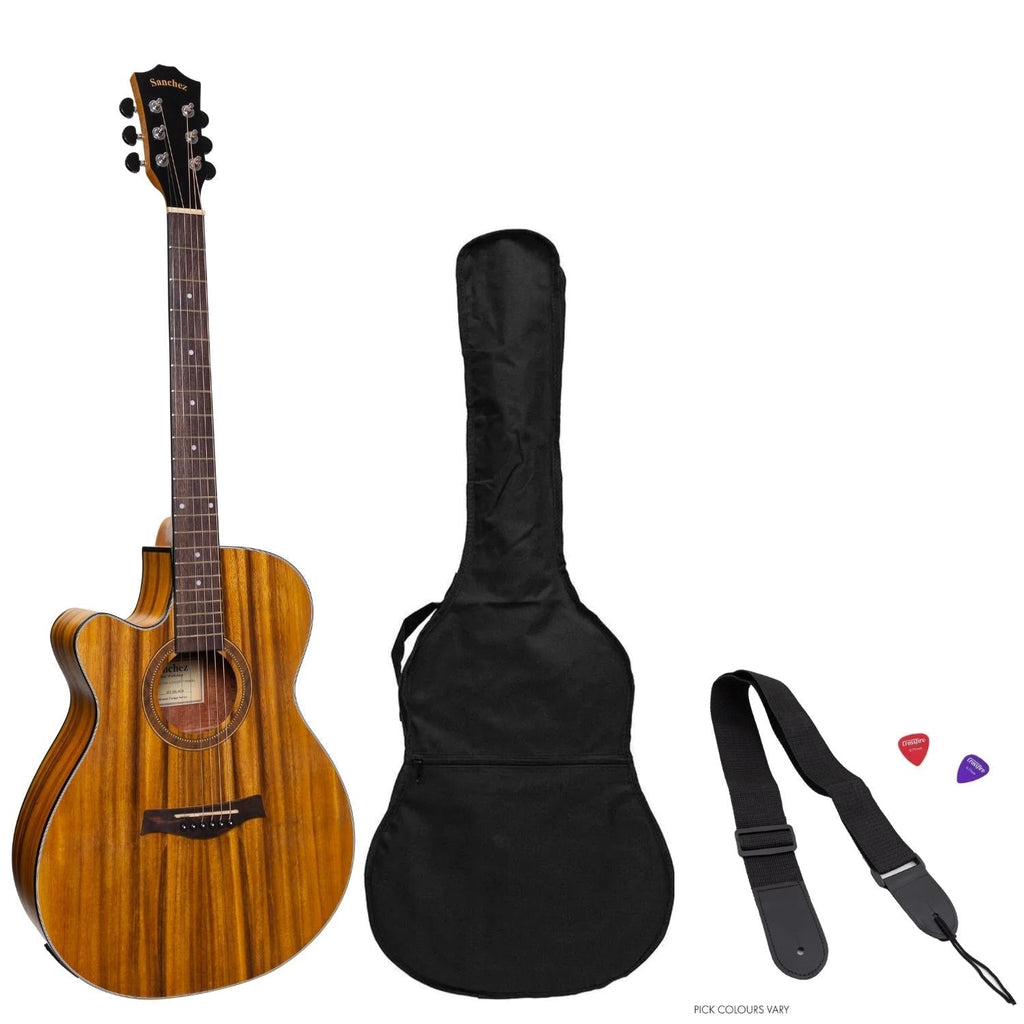 SP-F4L-KOA-Sanchez Left Handed Acoustic-Electric Small Body Cutaway Guitar Pack (Koa)-Living Music