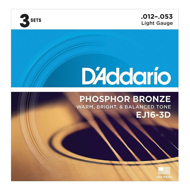 EJ16-3D-D'Addario EJ16-3D 3-Pack Light Phosphor Bronze Acoustic Guitar Strings (12-53)-Living Music