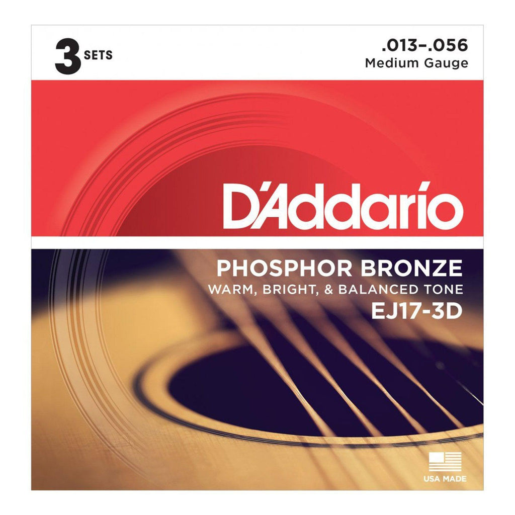 EJ17-3D-D'Addario EJ17-3D 3-Pack Medium Phosphor Bronze Acoustic Guitar Strings (13-56)-Living Music