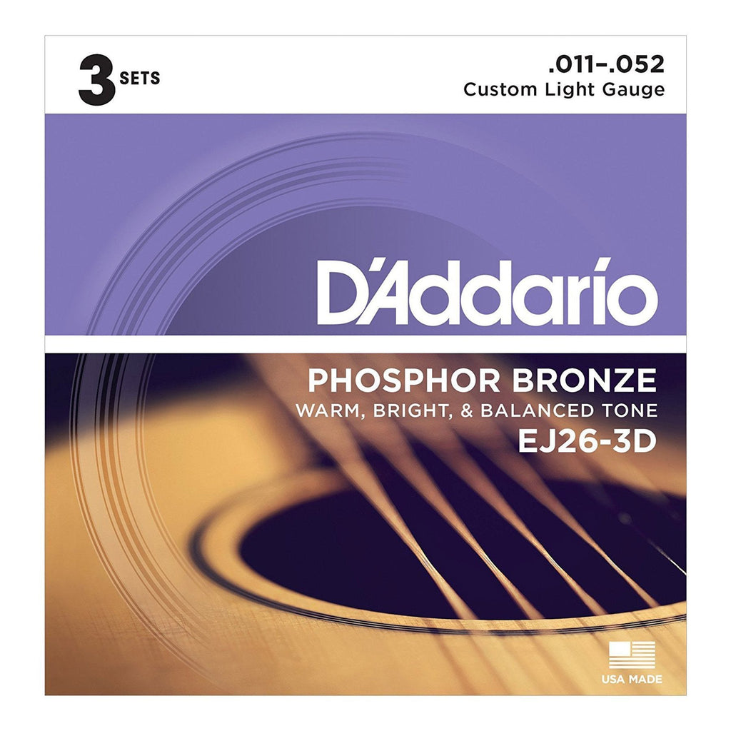 EJ26-3D-D'Addario EJ26-3D 3-Pack Custom Light Phosphor Bronze Acoustic Guitar Strings (11-52)-Living Music