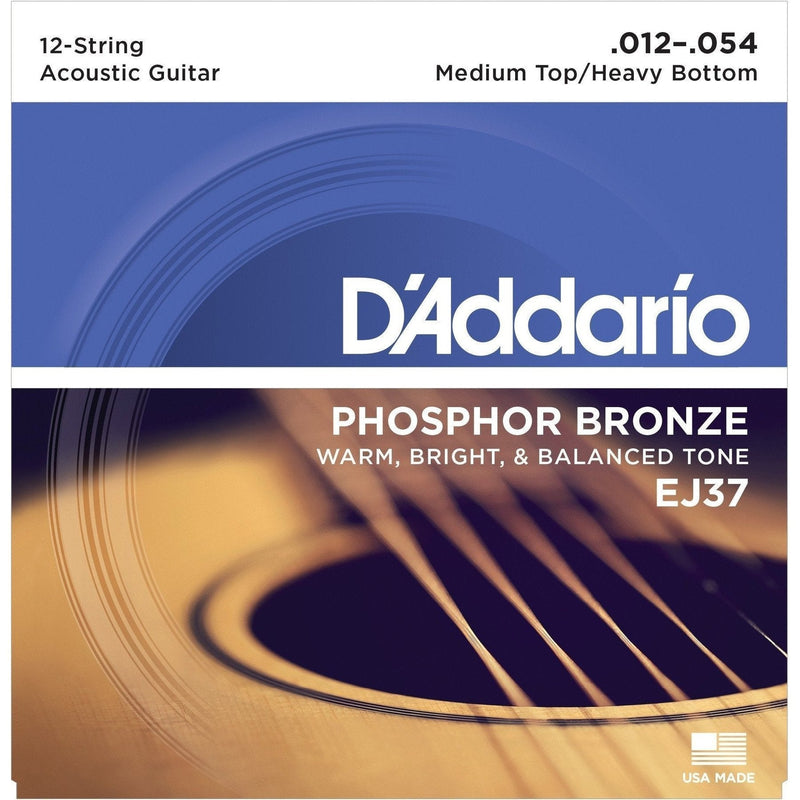 EJ37-D'Addario EJ37 Medium Top/Heavy Bottom Phosphor Bronze 12-String Acoustic Guitar Strings (12-54)-Living Music