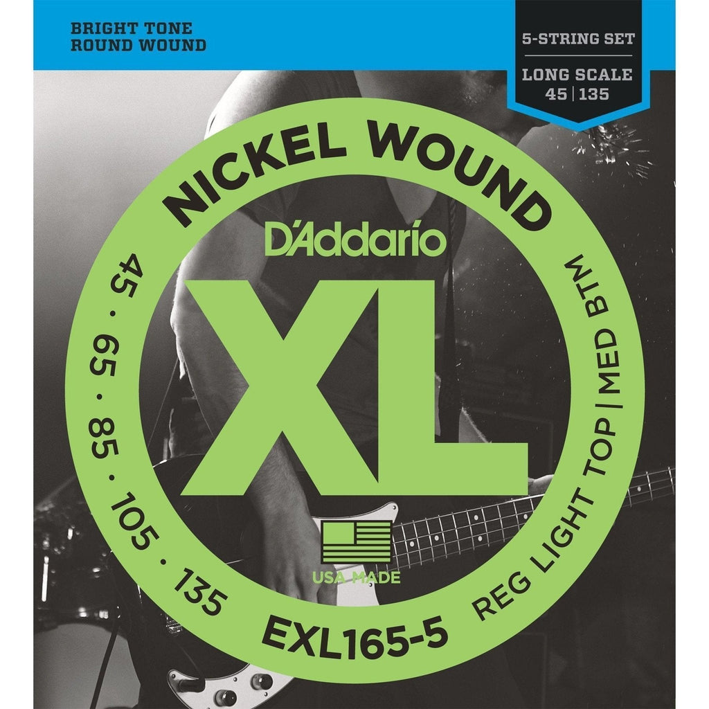 EXL165-5-D'Addario EXL165-5 Regular Light Top/Medium Bottom 5-String Bass Guitar Strings (45-135)-Living Music