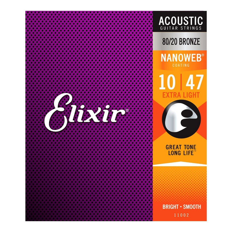 E11002-Elixir 11002 Extra Light 80/20 Bronze Nanoweb Acoustic Guitar Strings (10-47)-Living Music