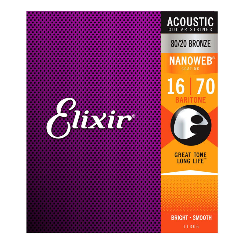 E11306-Elixir 11306 Baritone 80/20 Bronze Nanoweb Acoustic Guitar Strings (16-70)-Living Music
