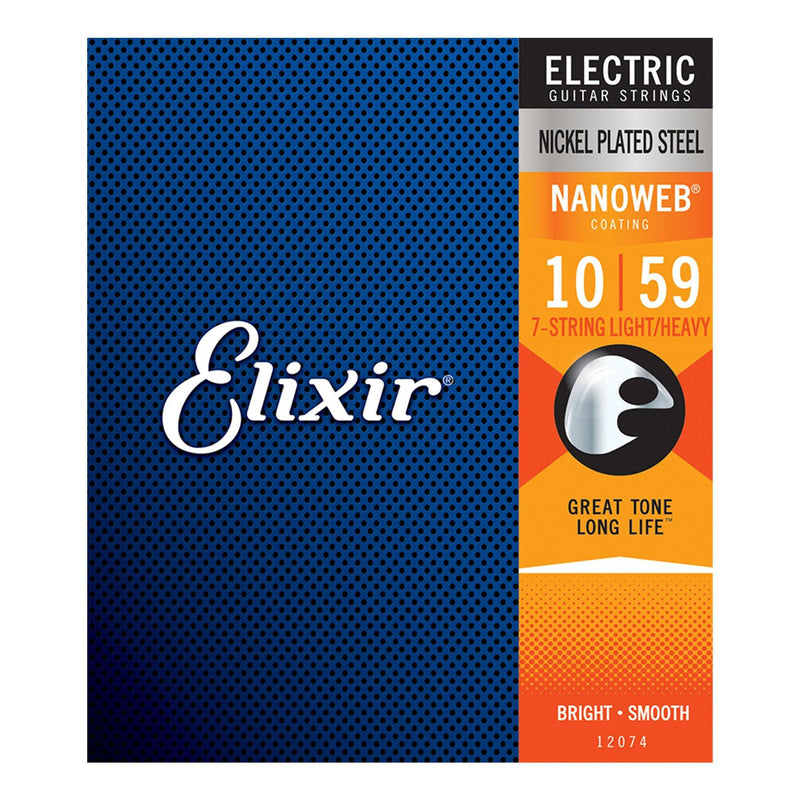 E12074-Elixir 12074 Light/Medium Nickel Plated Nanoweb 7-String Electric Guitar Strings (10-59)-Living Music