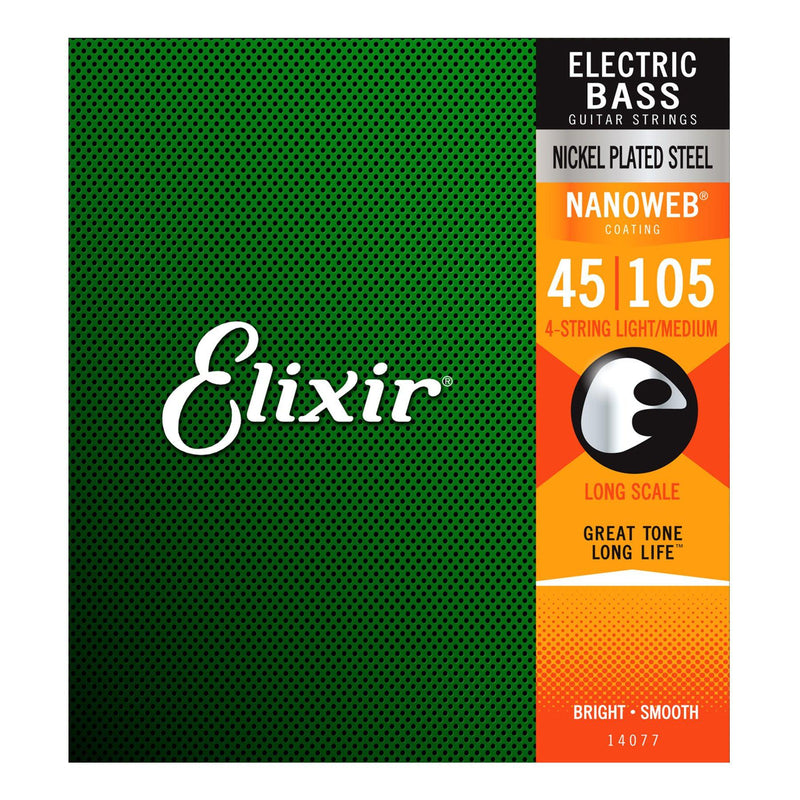 E14077-Elixir 14077 Light/Medium Nickel Plated Nanoweb Bass Guitar Strings (45-105)-Living Music