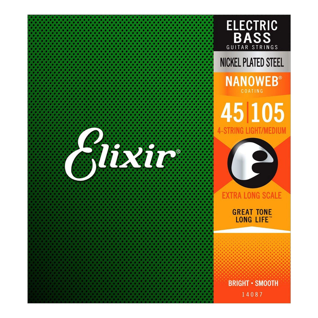 E14087-Elixir 14087 Light/Medium Nickel Plated Nanoweb Extra Long Scale Bass Guitar Strings (45-105)-Living Music