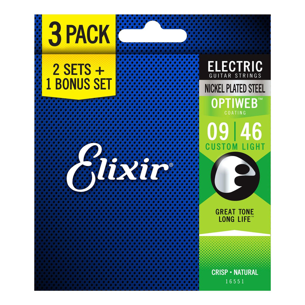 E16551-Elixir 16551 3-Pack Custom Light Nickel Plated Optiweb Electric Guitar Strings (9-46)-Living Music