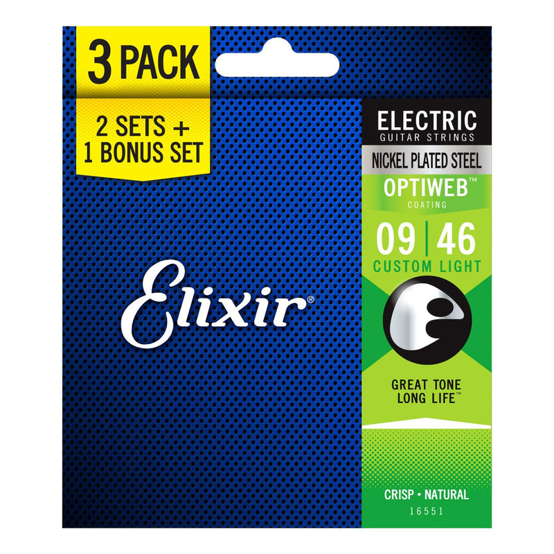 E16551-Elixir 16551 3-Pack Custom Light Nickel Plated Optiweb Electric Guitar Strings (9-46)-Living Music
